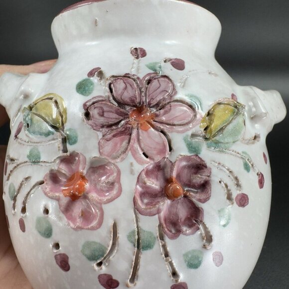 Vintage Italian Art Pottery Round Vase Vessel Carved Hand Painted Vase W Handles - Picture 6 of 12